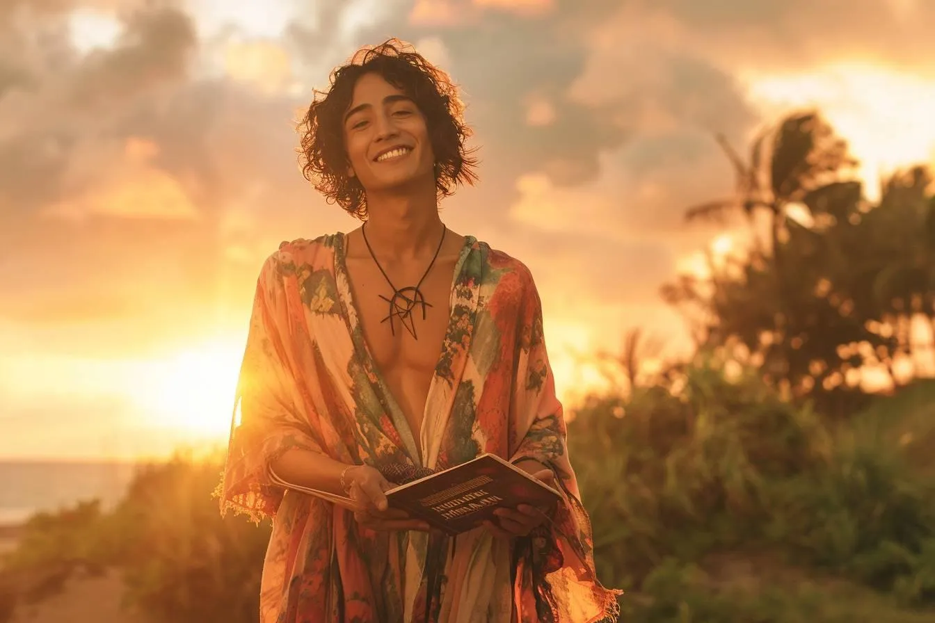 person with curly hair wearing a colorful robe and necklace standing outdoors holding a book at sunset
