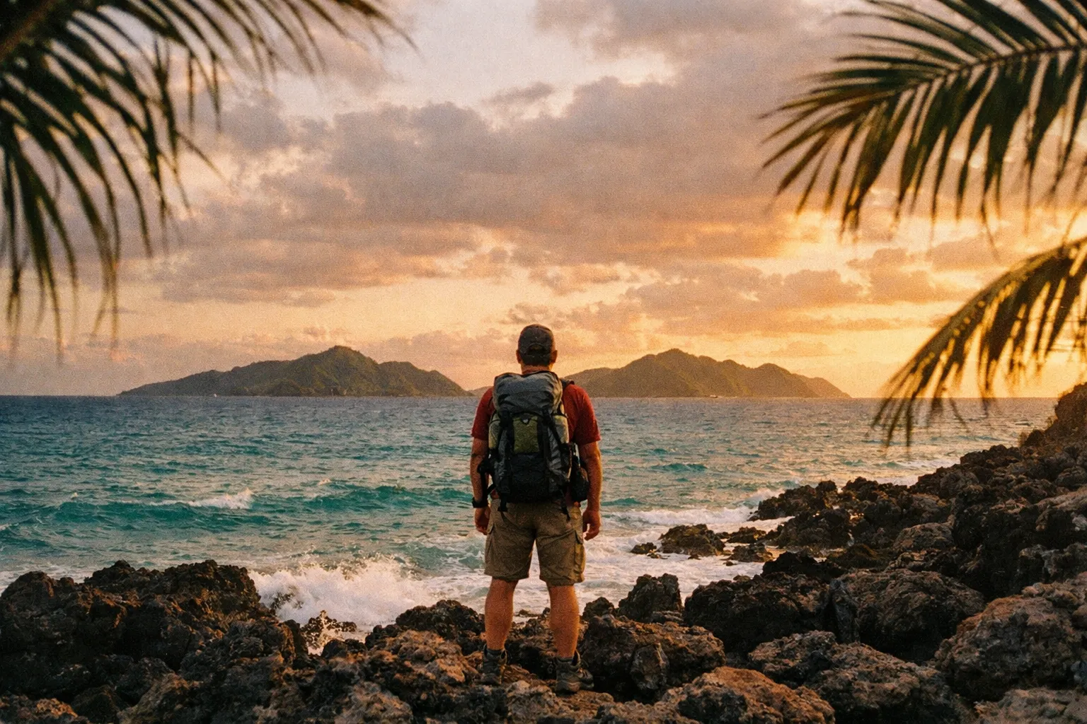 Silhouette of a hiker with backpack seen from behind atop lava rocks overlooking Hawaii’s coastline at golden hour