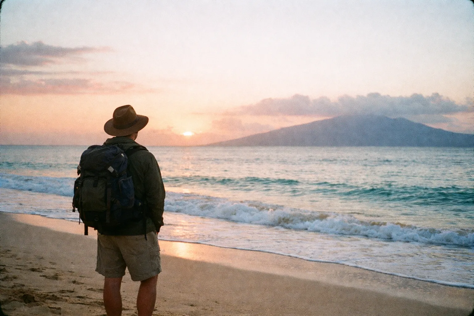 Silhouette of a traveler with a backpack watching a Hawaiian sunrise over calm blue water