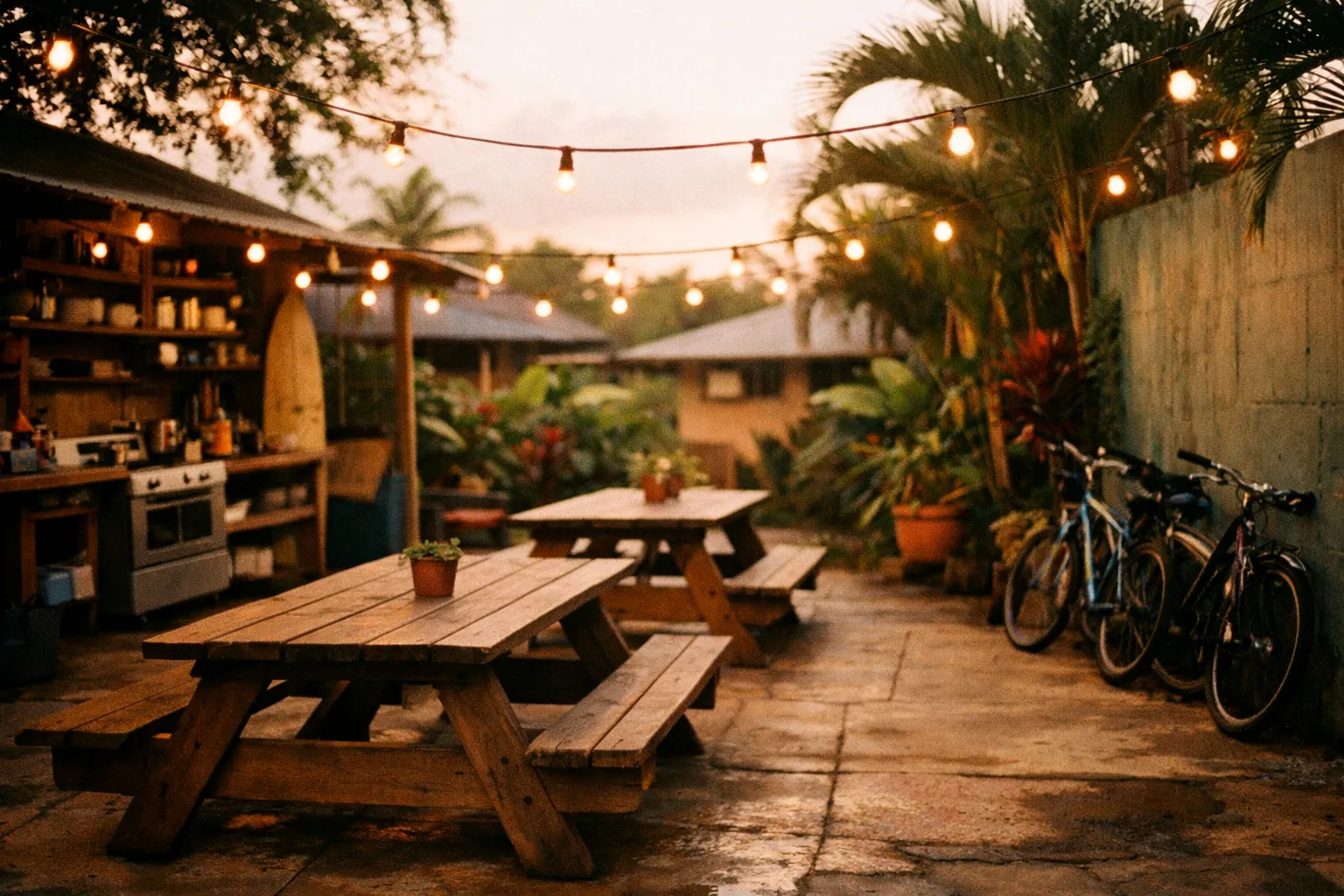 Hostel courtyard in Hawaii at dusk with outdoor kitchen and tropical plants, no people visible