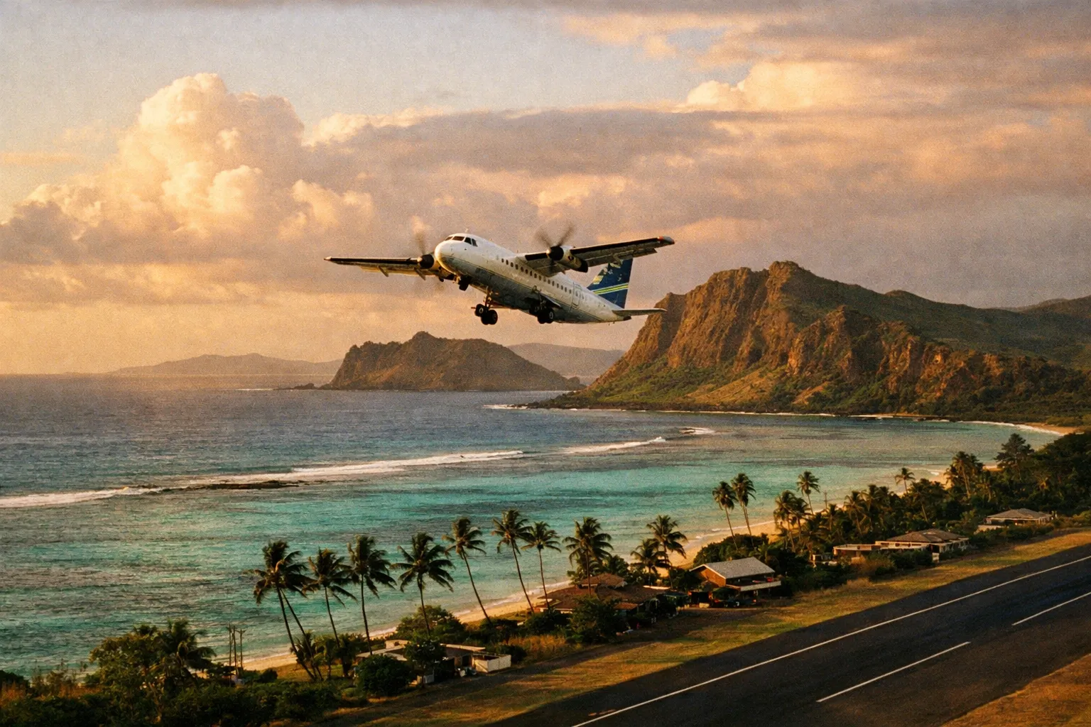 Small interisland plane taking off over turquoise water with lush green volcanic coastline in the background