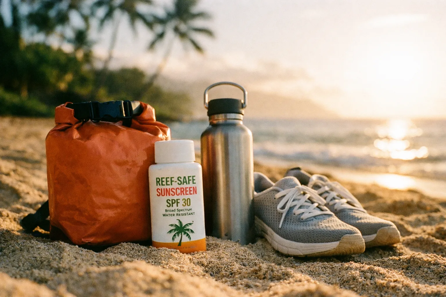 Travel gear on a sandy beach: a dry bag, a sunscreen bottle, a reusable water bottle and sneakers in the foreground.