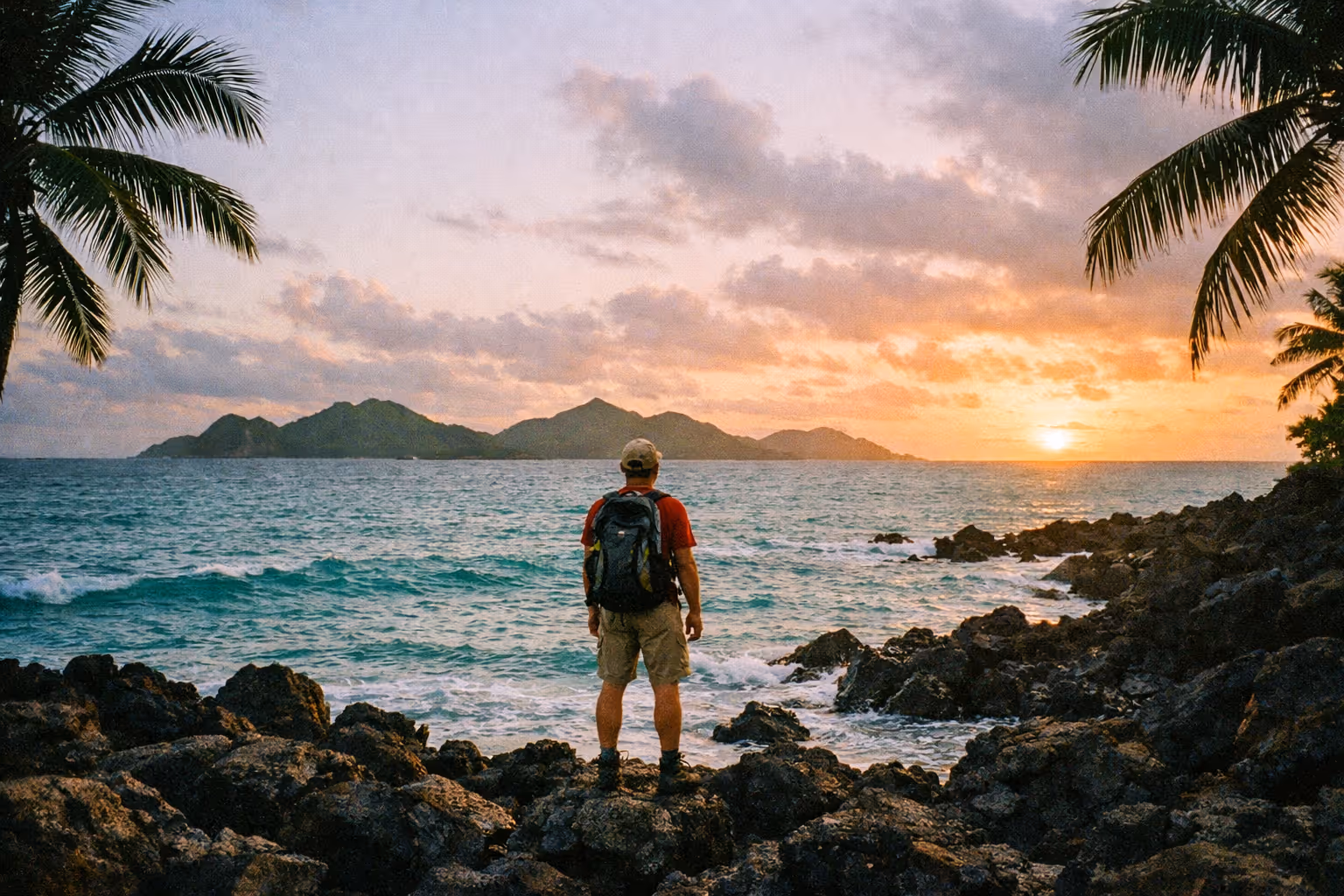 Editorial hero image: Hawaii coast at golden hour with backpacker silhouette and distant islands