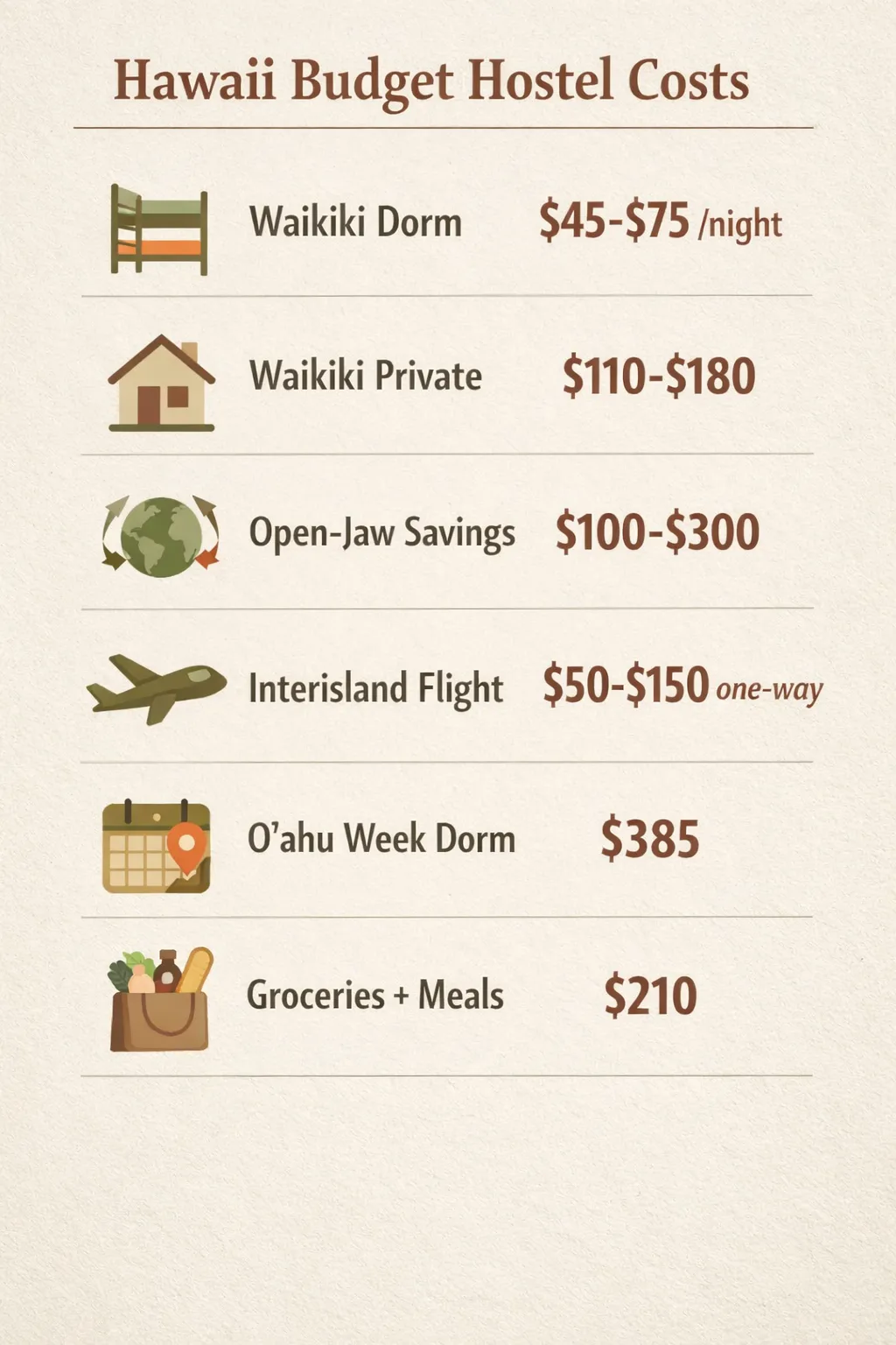 Flat-design infographic showing six budget data points: Waikīkī dorm price, Waikīkī private, open-jaw savings, interisland