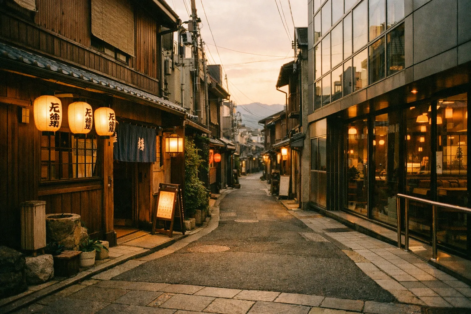 A quiet city street in Japan at golden hour, juxtaposing traditional wooden storefronts with modern glass buildings, a narrow lane winding between eras.