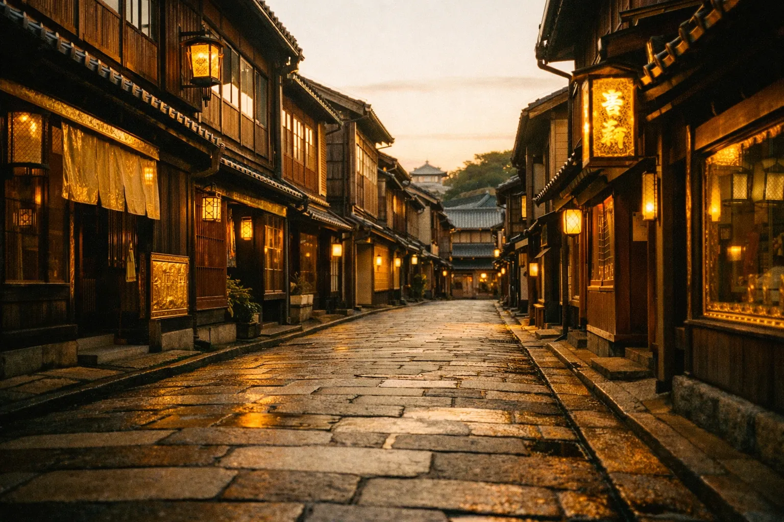 Kanazawa street with gold leaf accents on shopfronts and a narrow lane inspired by samurai districts, bathed in warm sunset light.