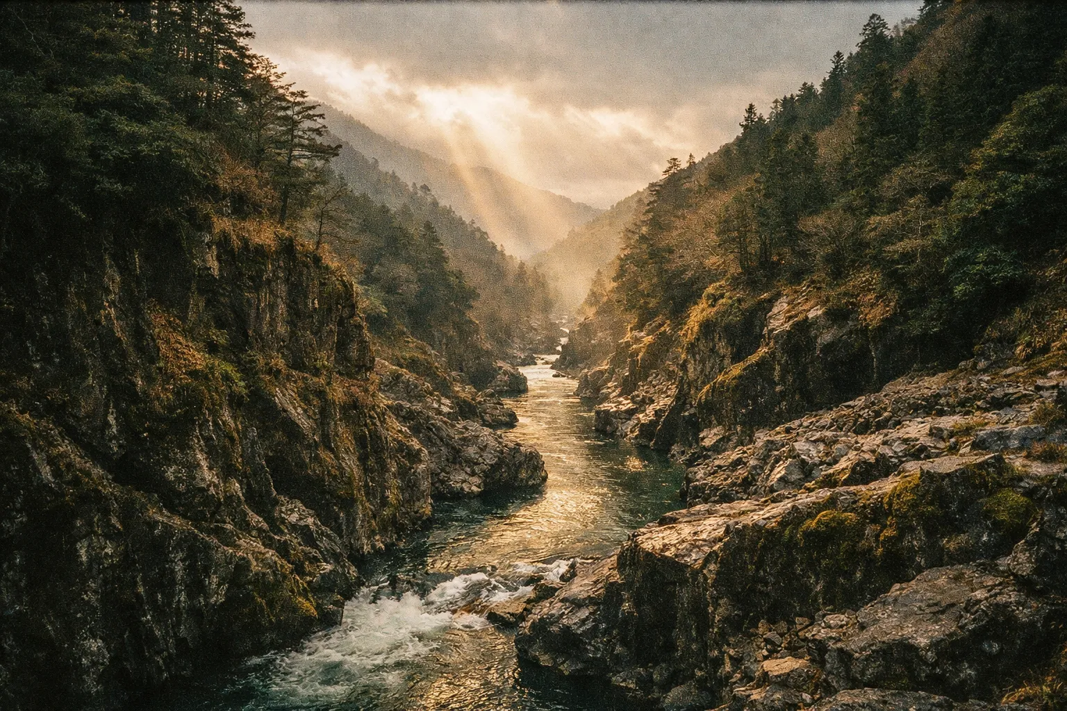 A dramatic river gorge in a Japanese valley: towering mossy cliffs, a winding stream, and evergreen forest bathed in mist and golden hour light.