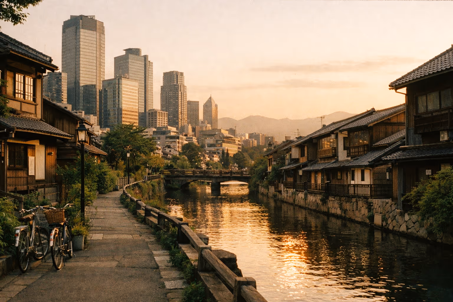 Hero editorial image: a cityscape in Japan at golden hour blending modern architecture with preserved traditional streets, a sunlit canal, and distant mountains.