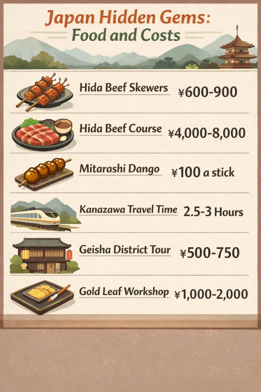 Infographic showing prices for Hida beef skewers ¥600-900, Hida beef course ¥4,000-8,000, Mitarashi dango ¥100 a stick