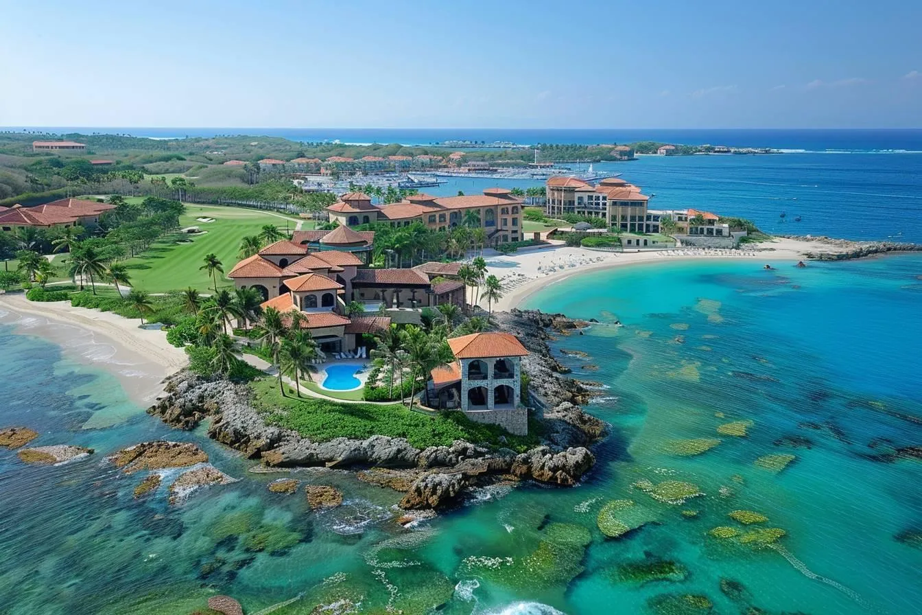 A coastal resort with red-tiled roofs sits by turquoise waters and sandy beaches in Dorado, Puerto Rico.