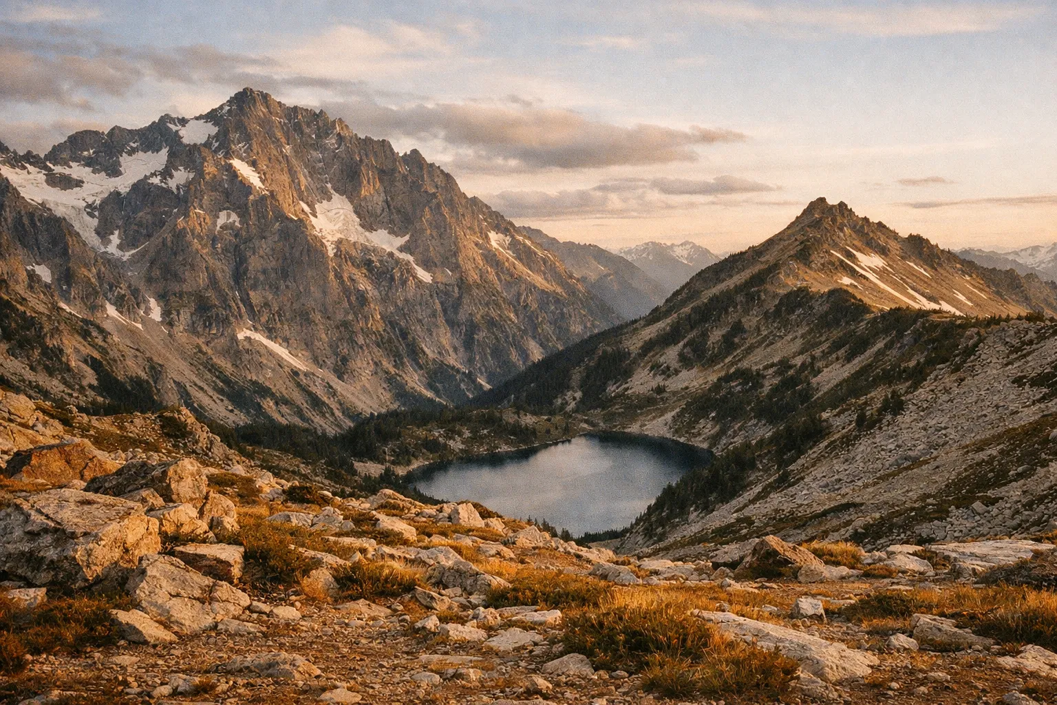 Cascade Pass alpine terrain at golden hour with Doubtful Lake and Sahale Arm visible across a broad basin