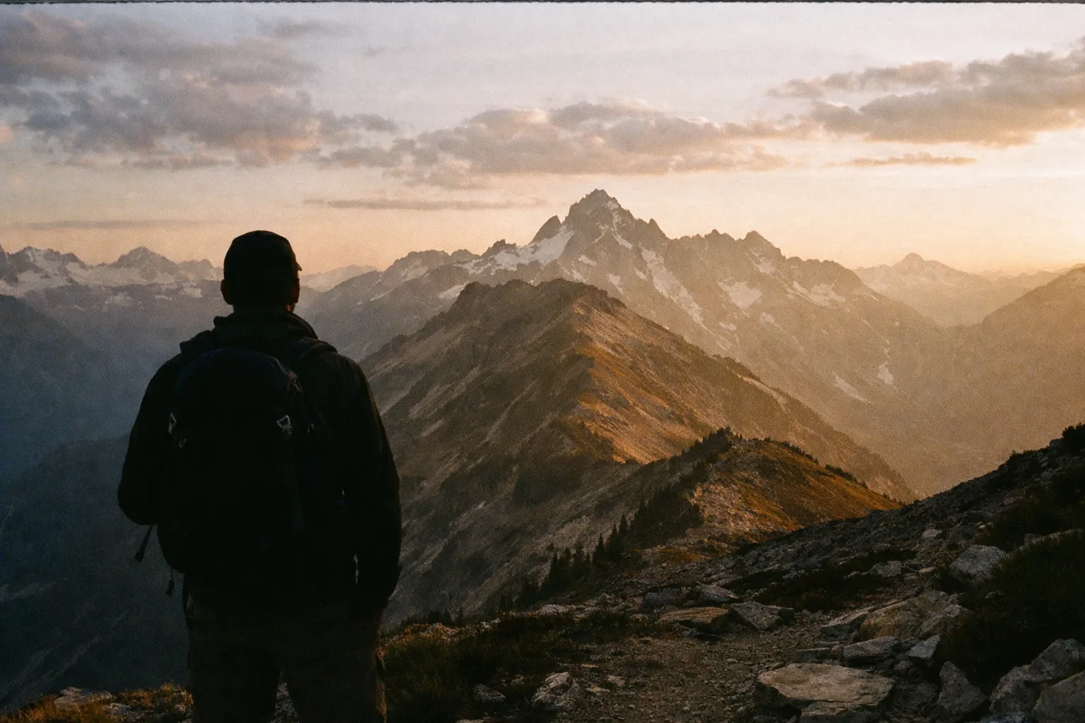 Hiker silhouette at Cascade Pass looking toward Sahale Arm