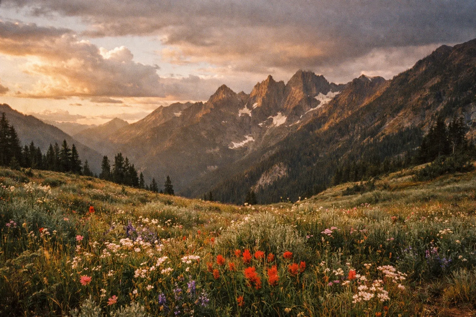 Autumn alpine meadow near Cascade River Road with wildflowers and distant peaks