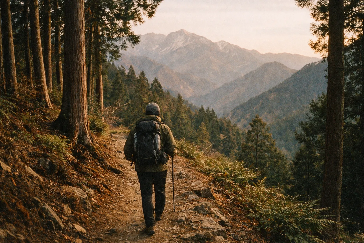 Hiker silhouette along a cedar-lined mountain trail with distant alpine peaks at golden hour