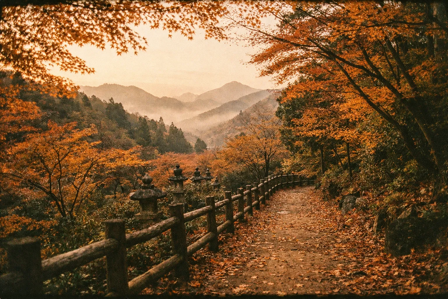 Autumn forest trail bathed in golden light with orange and gold leaves and distant misty mountains