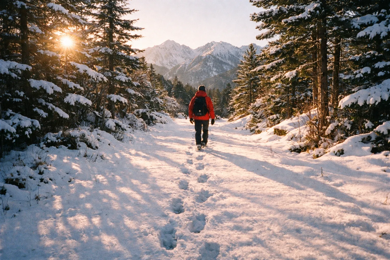Snow-covered forest trail with footprints and a silhouette of a hiker in a bright jacket