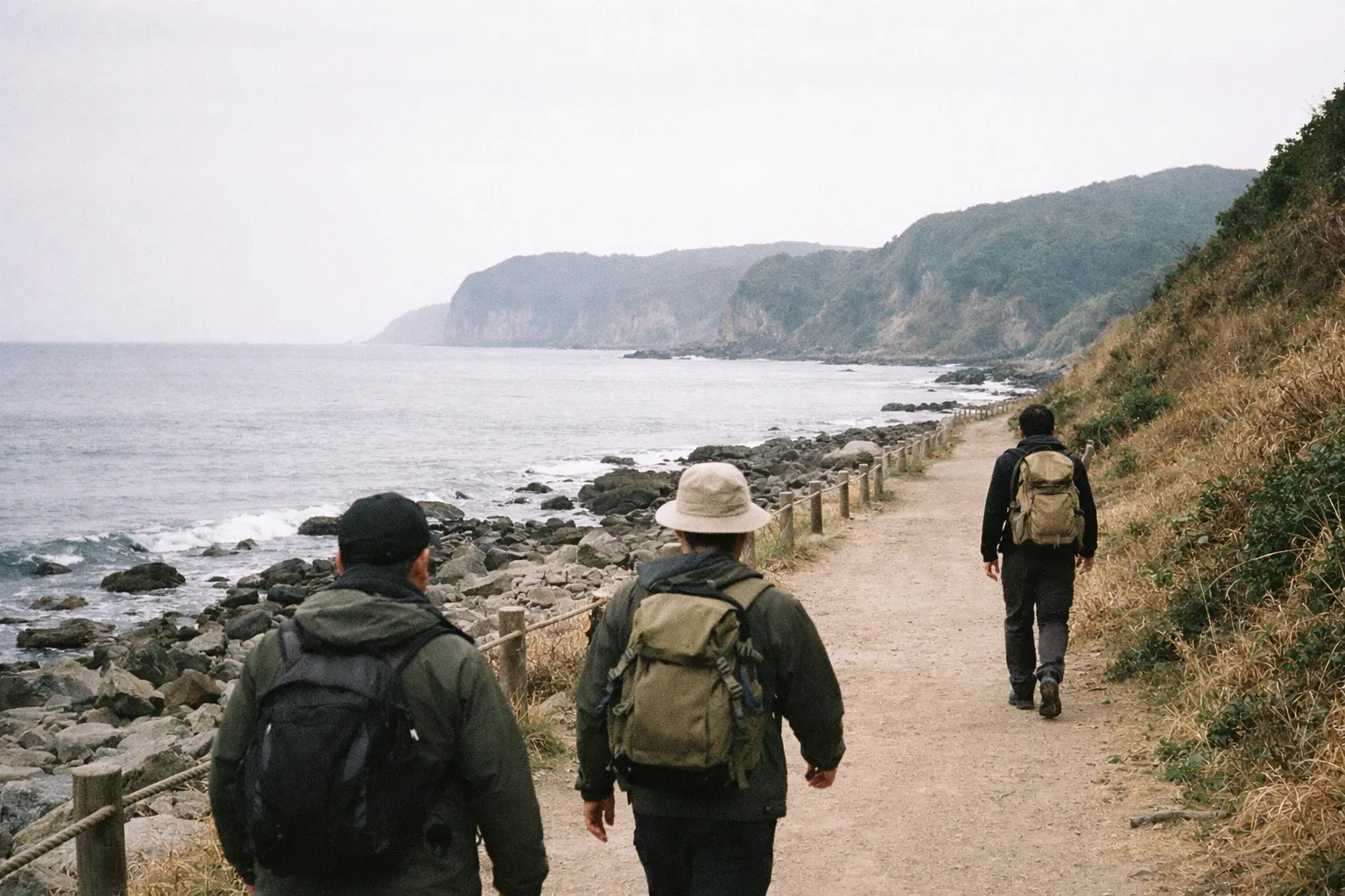 Wide, flat coastal hiking trail along a rocky shoreline with gentle sea and distant cliffs