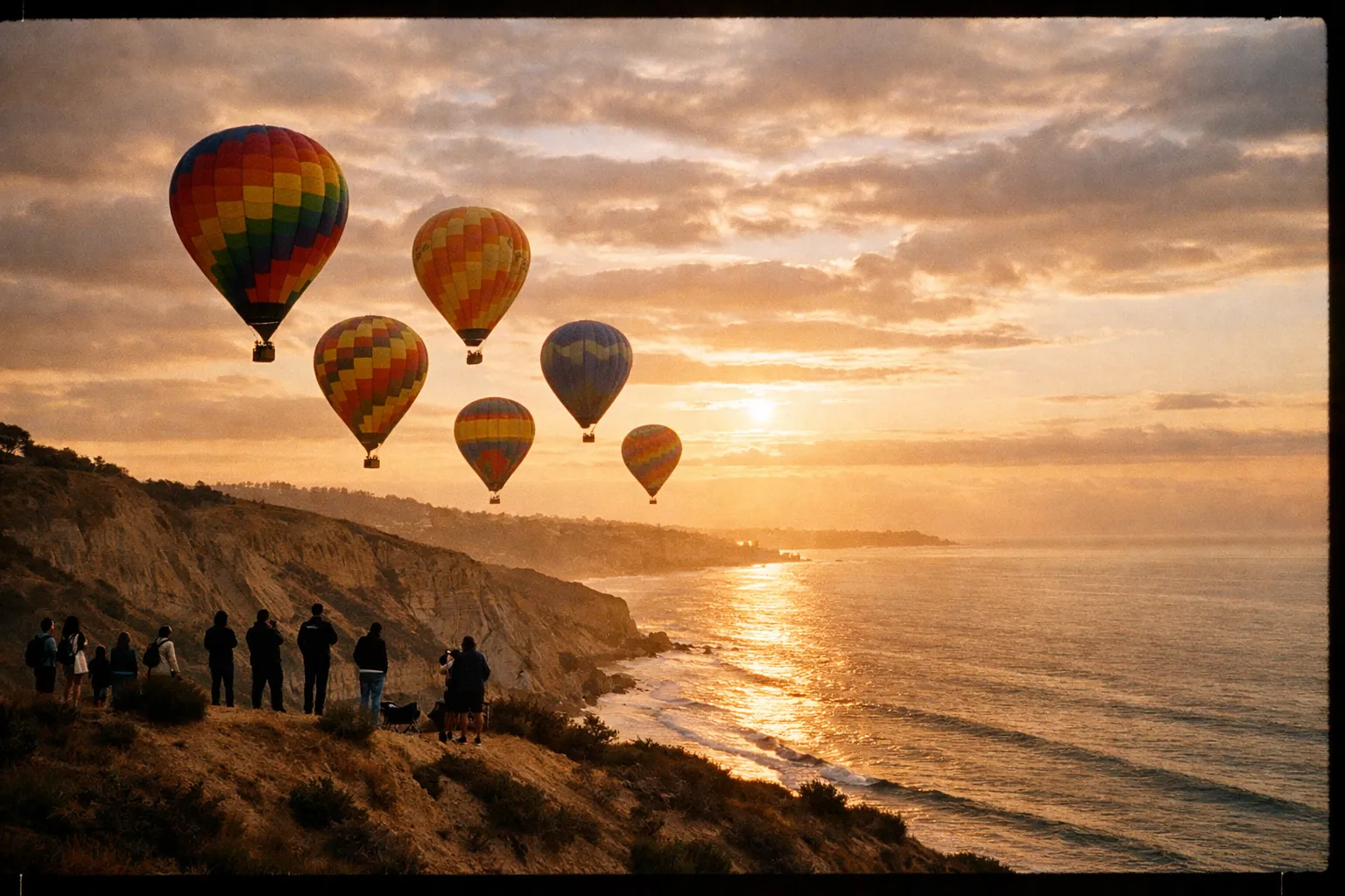 Dawn over San Diego coastline with colorful hot air balloons rising above cliffs and ocean