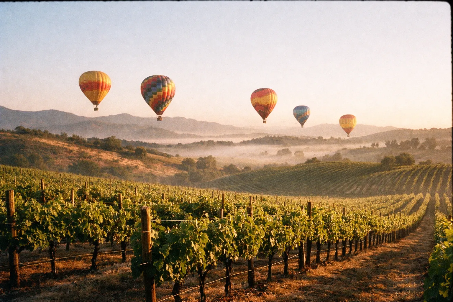 Balloons lifting over Temecula wine country at sunrise among vineyard rows