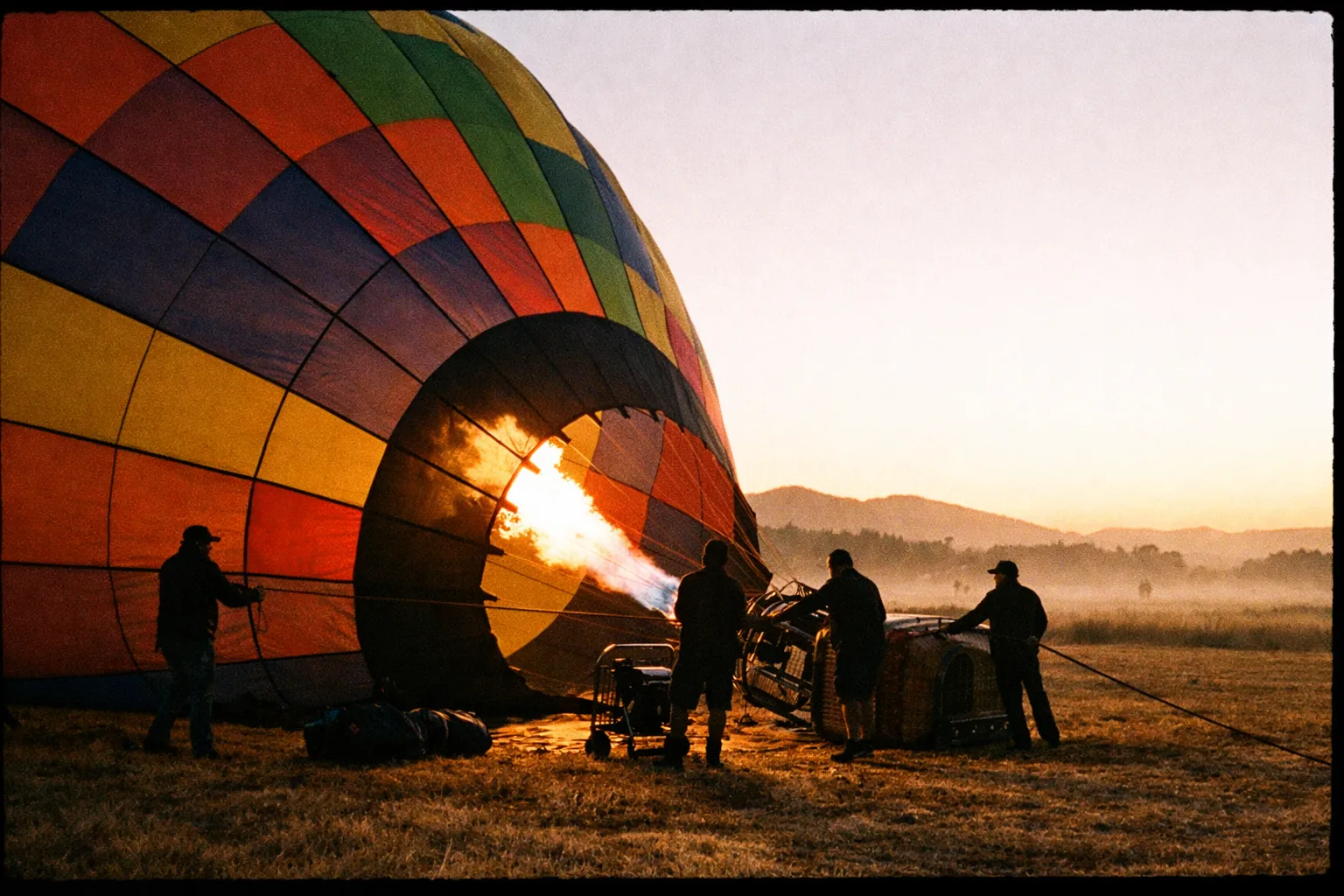 Ground crew silhouettes inflate a bright balloon at a rural launch field near San Diego at dawn