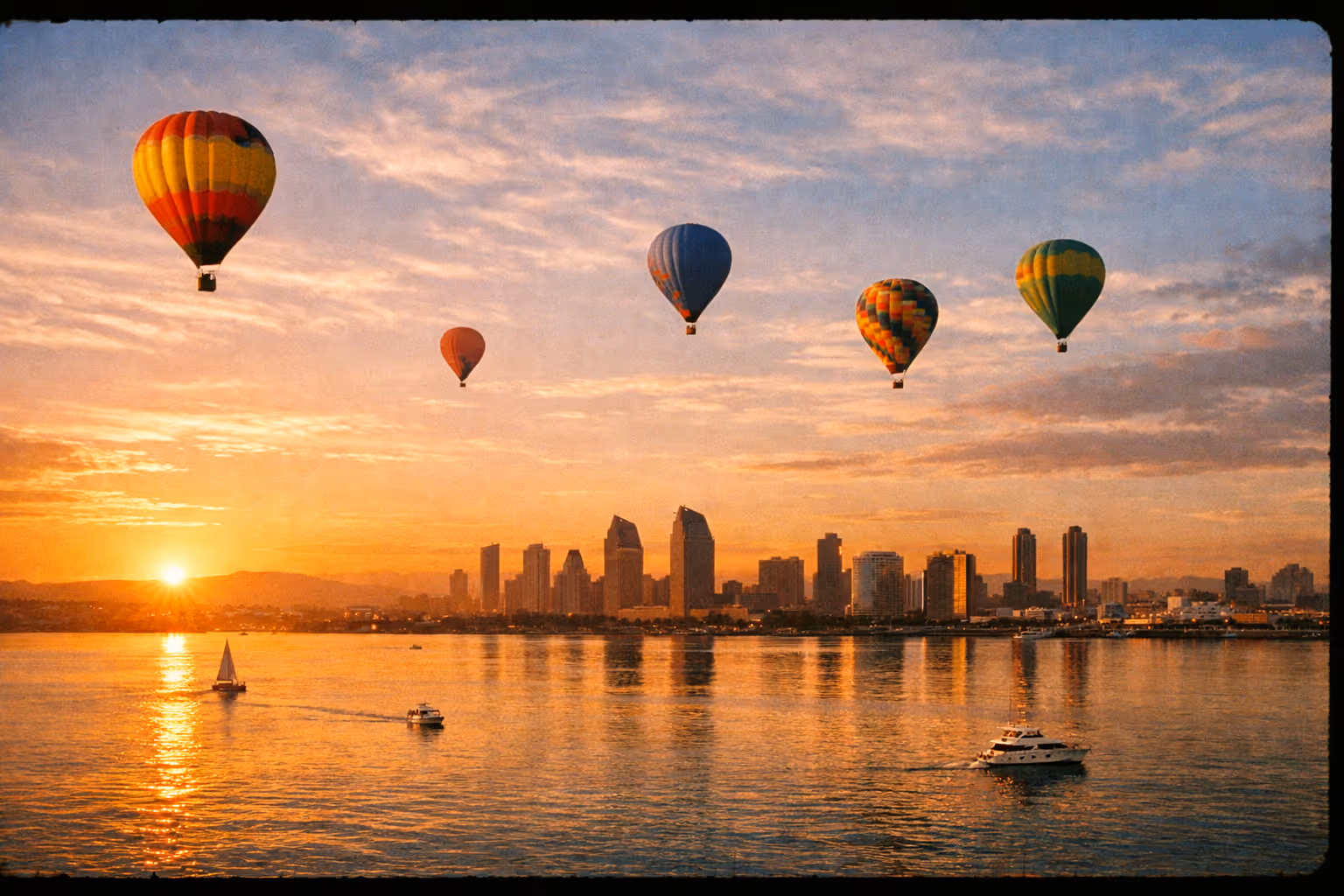 Golden-hour panorama of San Diego Bay with multiple colorful hot air balloons drifting above the skyline