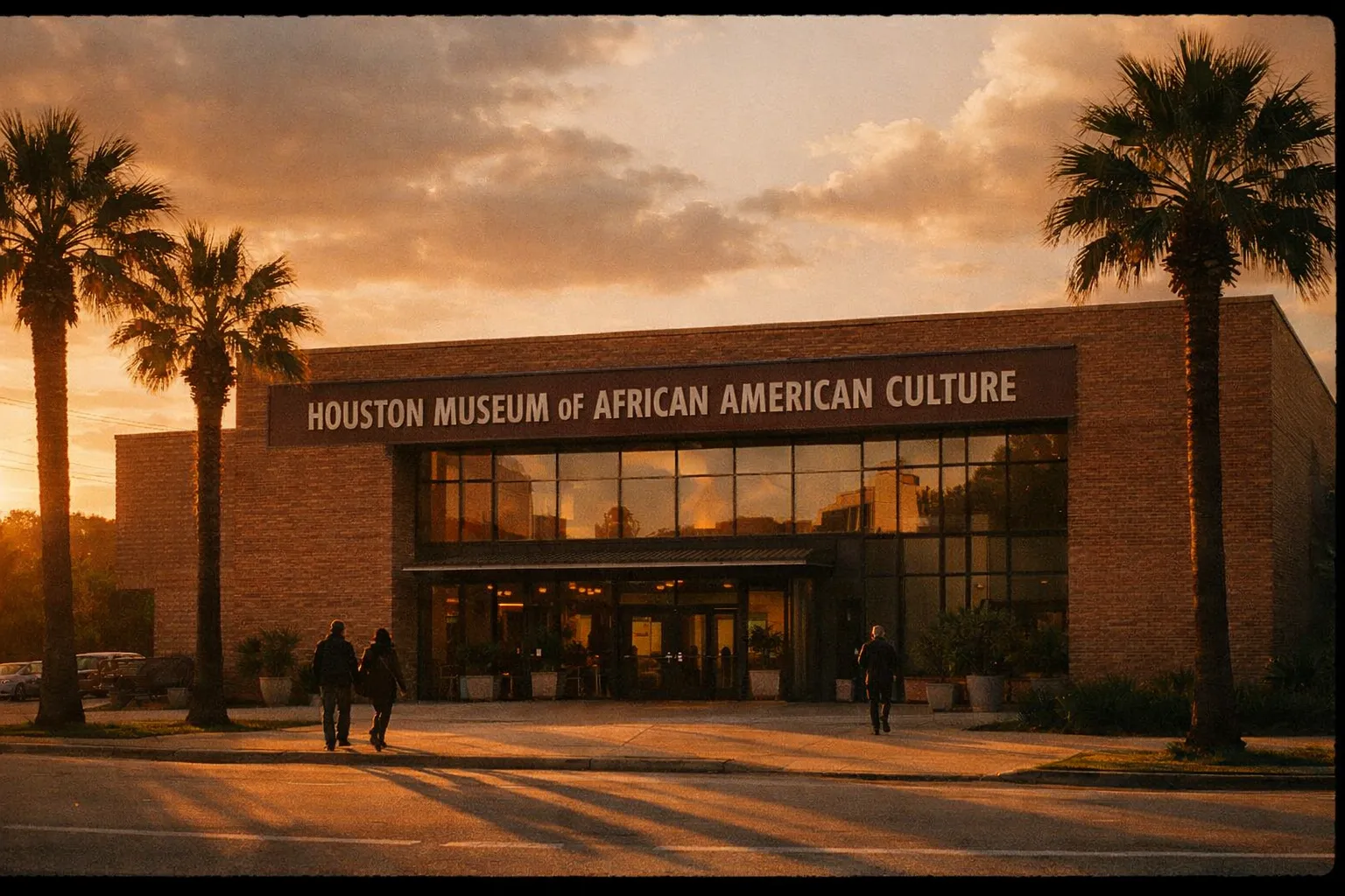 Traveler from behind with backpack approaching HAMAC at golden hour, museum façade in warm light