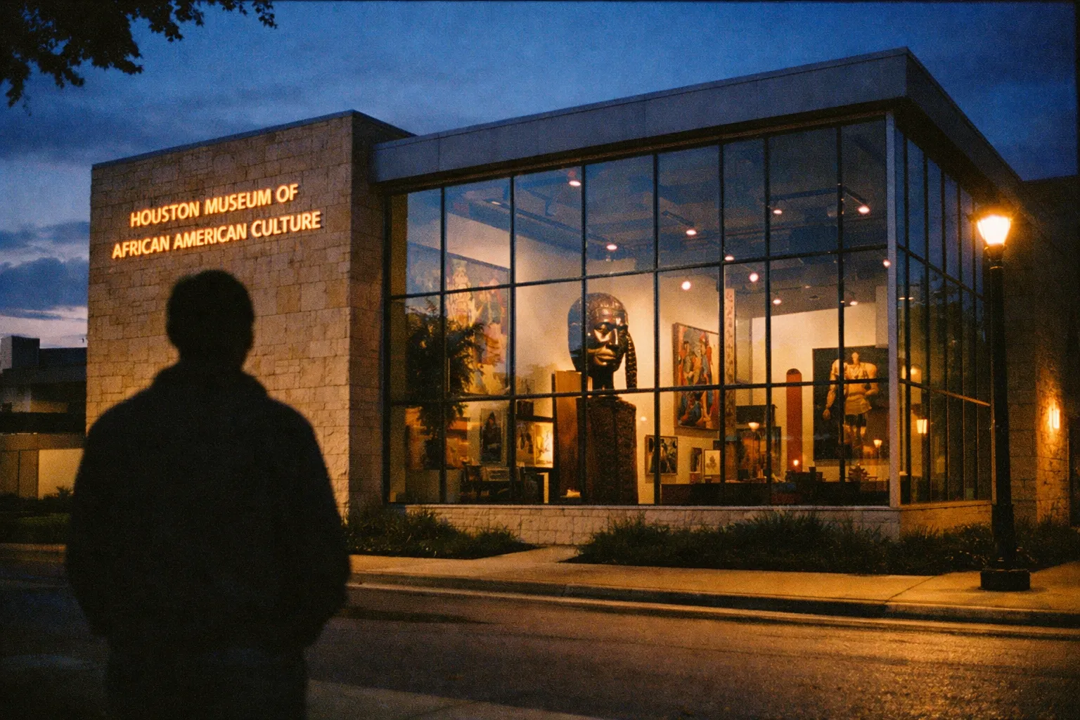 Silhouette of a visitor from behind near HAMAC blue-hour exterior with glass facade reflecting city lights
