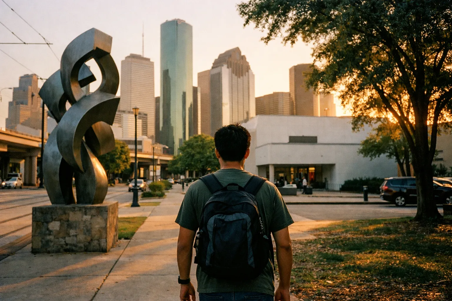 Back-view of a pedestrian with backpack walking along the street toward HAMAC, with nearby sculpture and trees