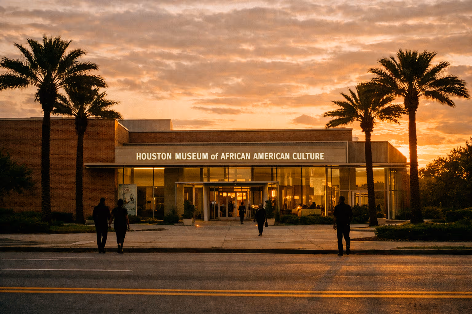 Golden-hour exterior view of the Houston Museum of African American Culture with a traveler approaching the entrance, city skyline in the distance