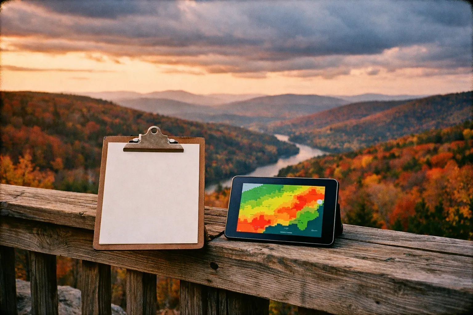 Editorial overlook scene showing fall colors with a forecast map on a clipboard