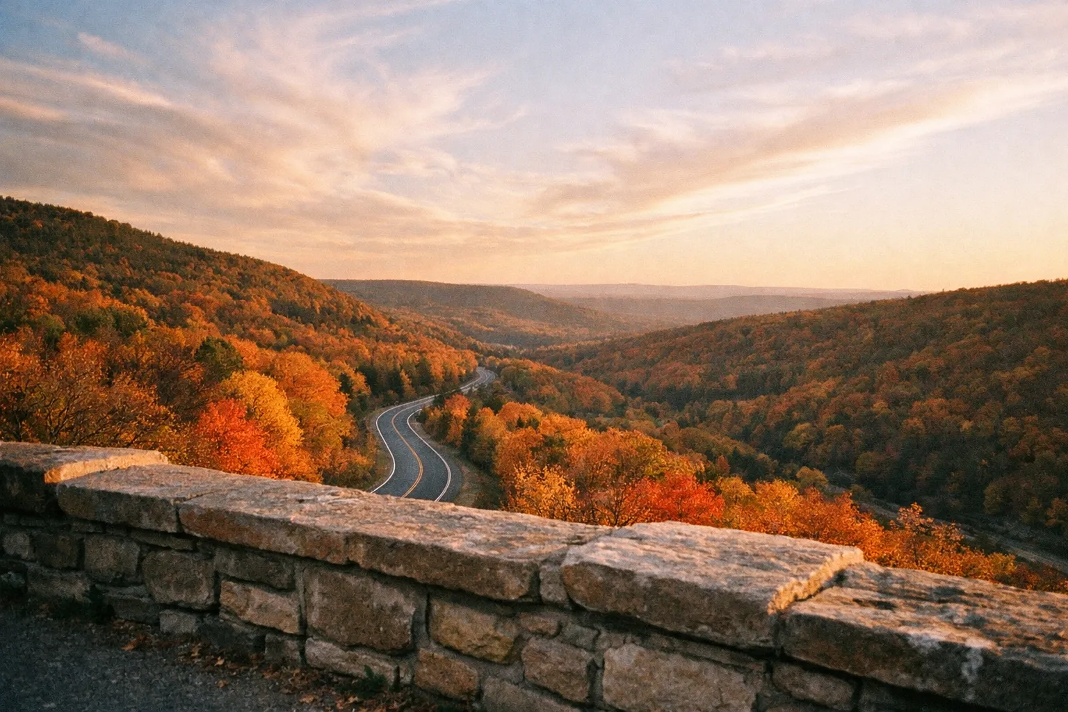 Sweeping Pocono Mountains landscape with vibrant fall colors and rolling ridges