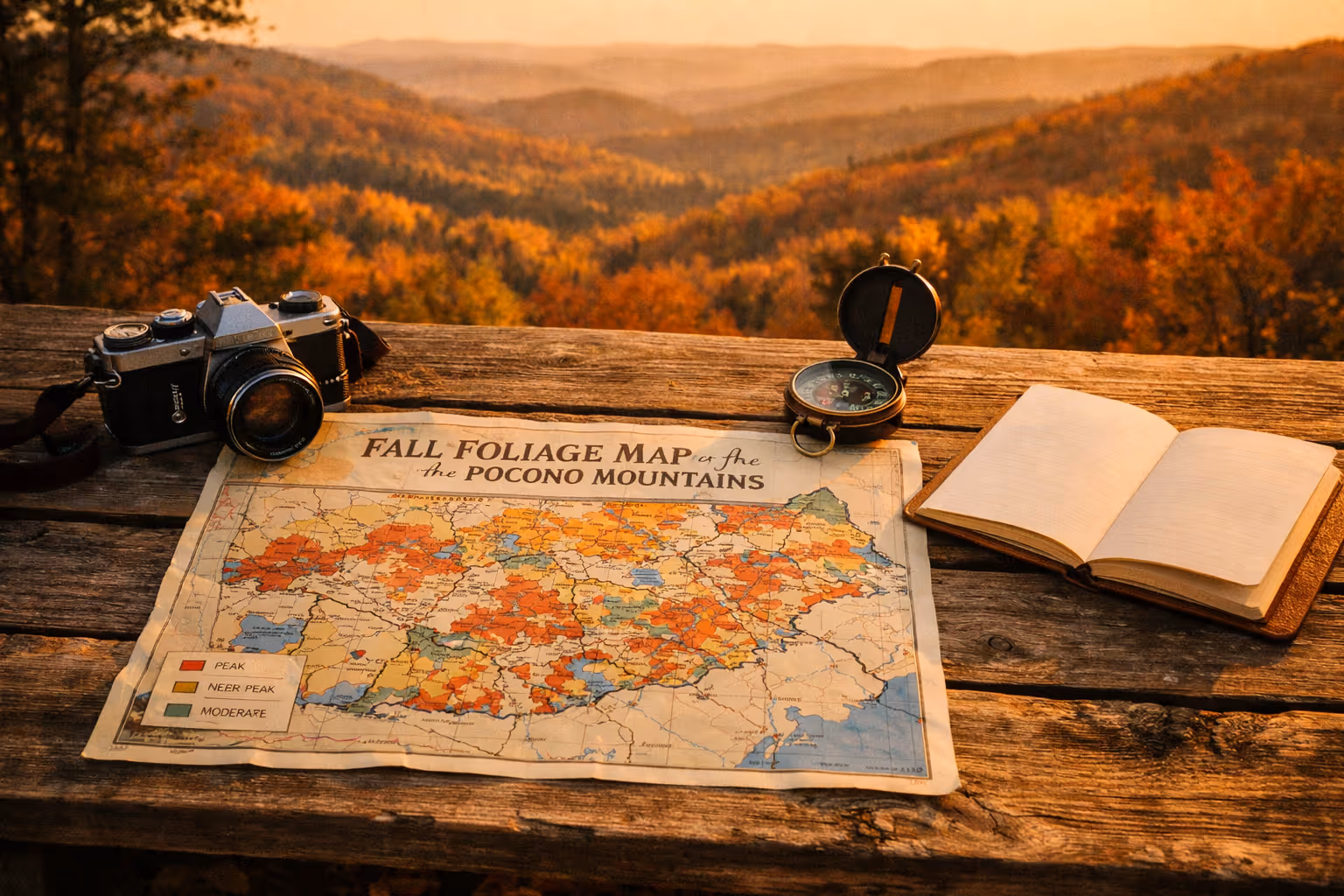Editorial featured image: fall foliage map concept in the Pocono Mountains at golden hour