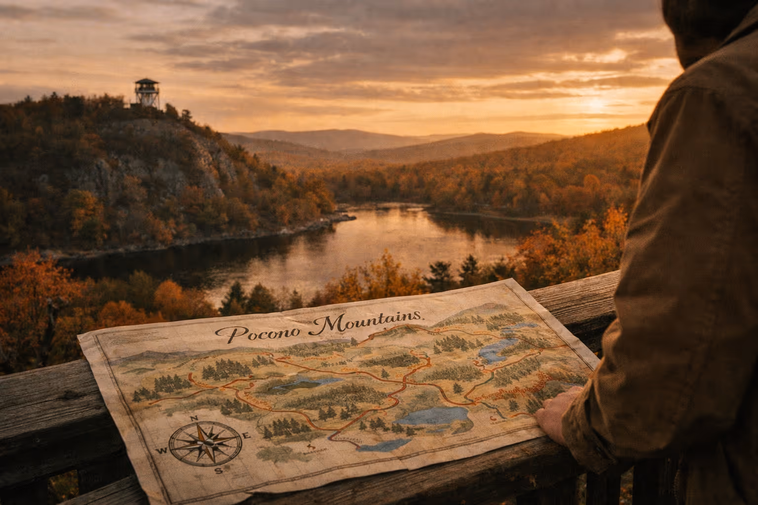 A person holds a Pocono Mountains map while overlooking a river and autumn forest at sunset.