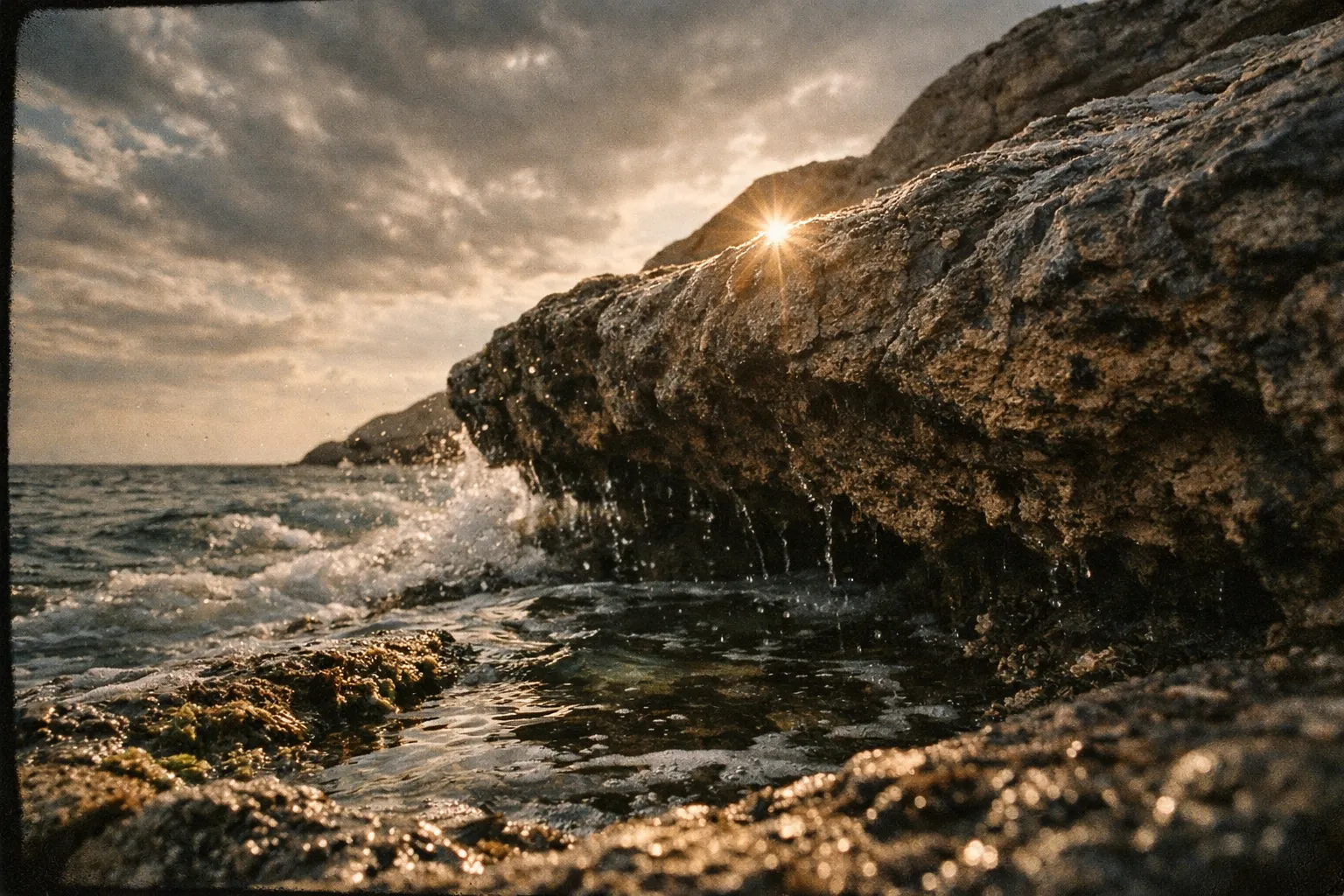 Waves hit rocky shore at sunset on a coastal landscape with the sea and dramatic clouds in the background.