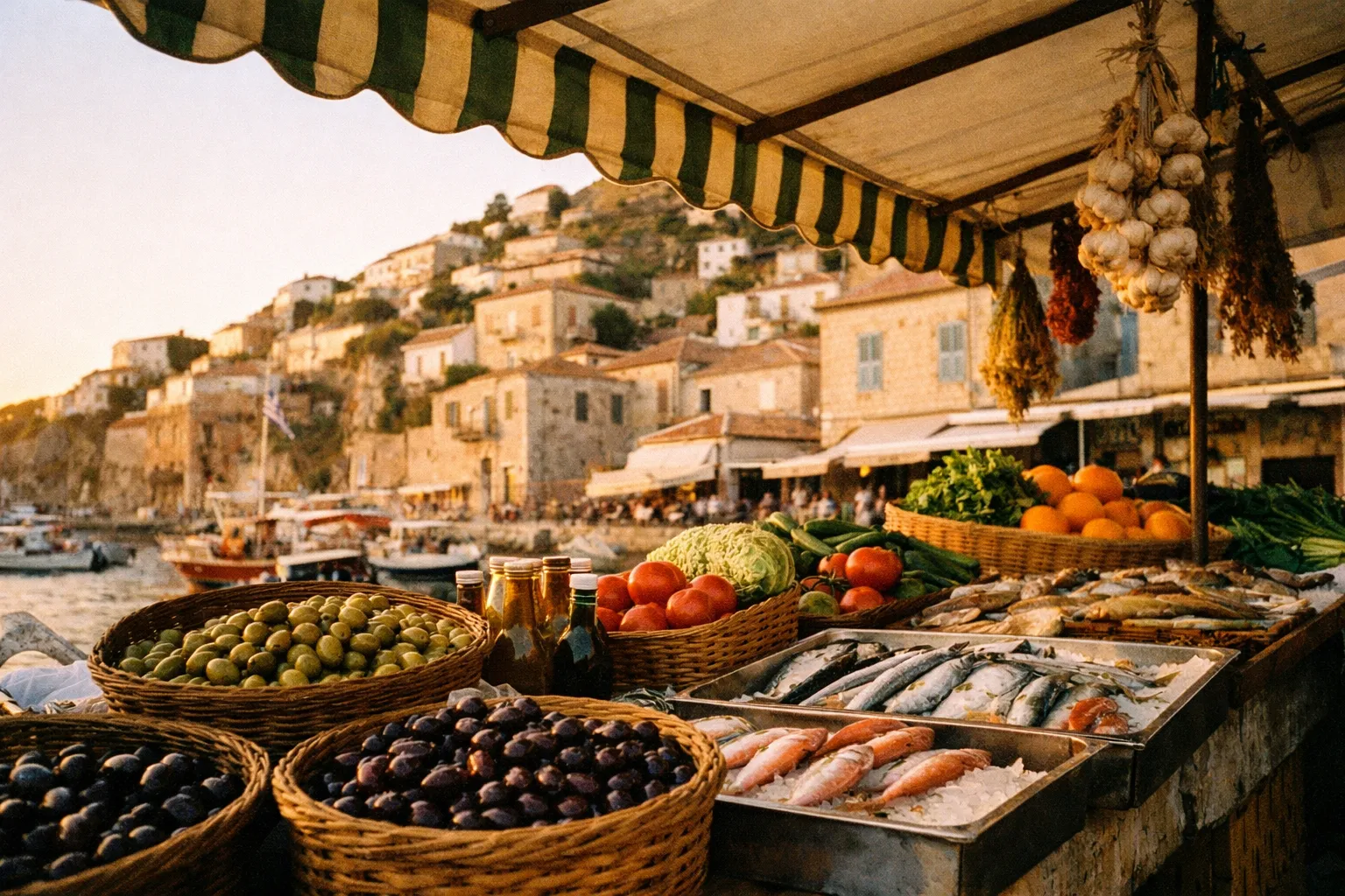 Fresh produce, olives, and seafood are displayed at a market stall by the waterfront in Hydra, Greece.