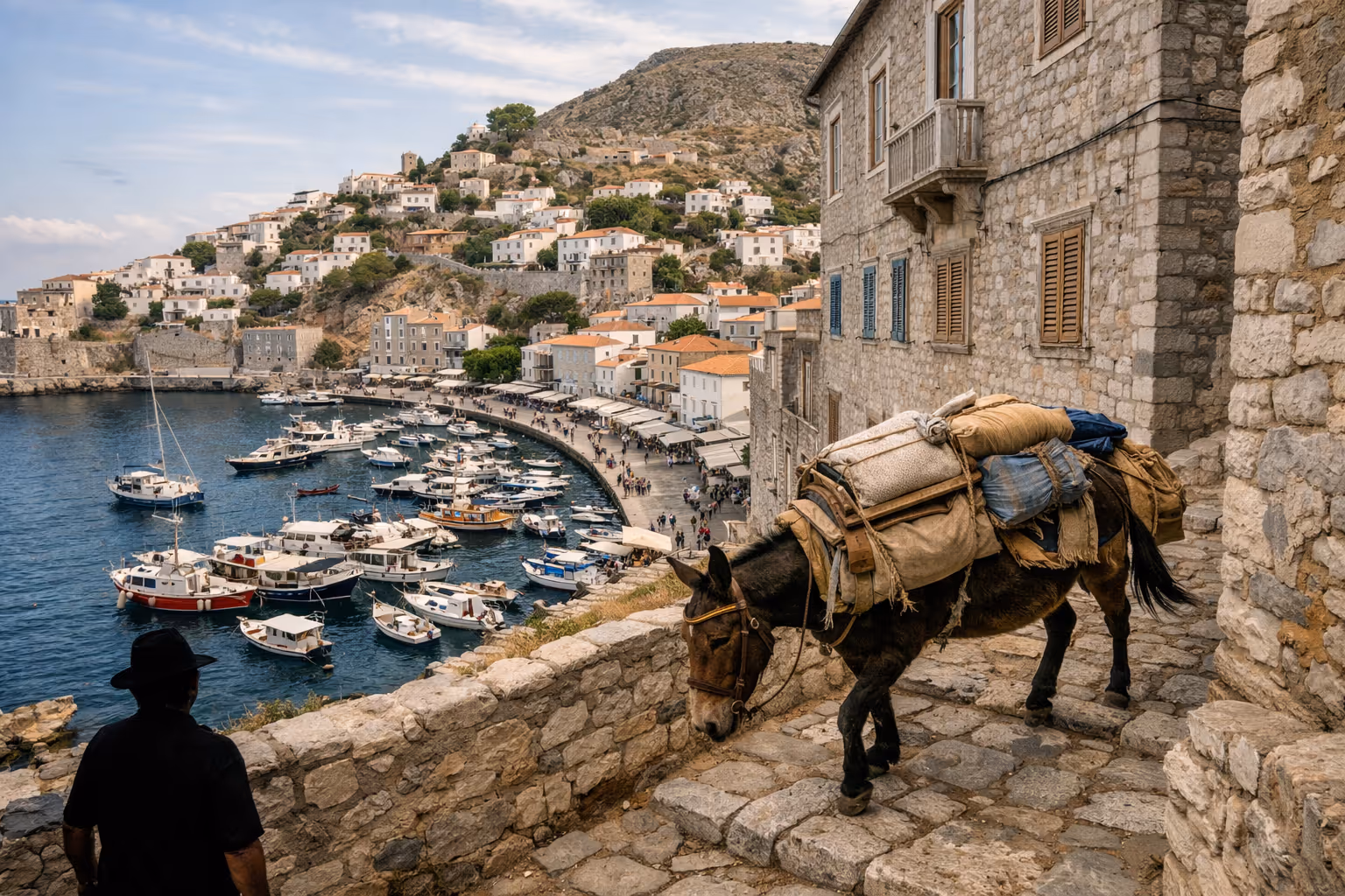 A donkey carrying packs walks a stone path above Hydra harbor, lined with boats and white hillside houses.