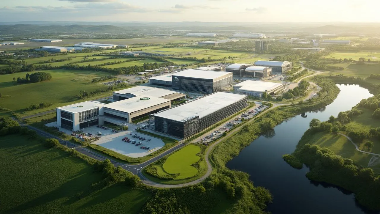 A modern business park complex is set beside a winding river in the Irish countryside near Shannon.