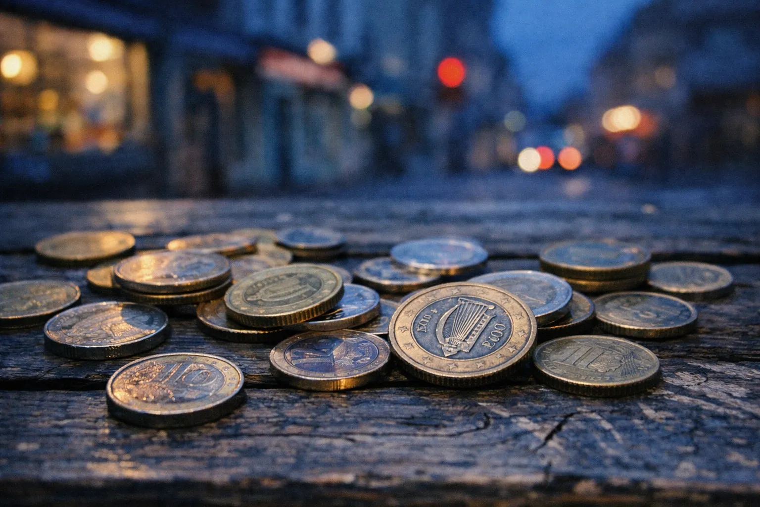 Euro coins with Irish harp design scattered on a wooden table outdoors in a city at dusk.
