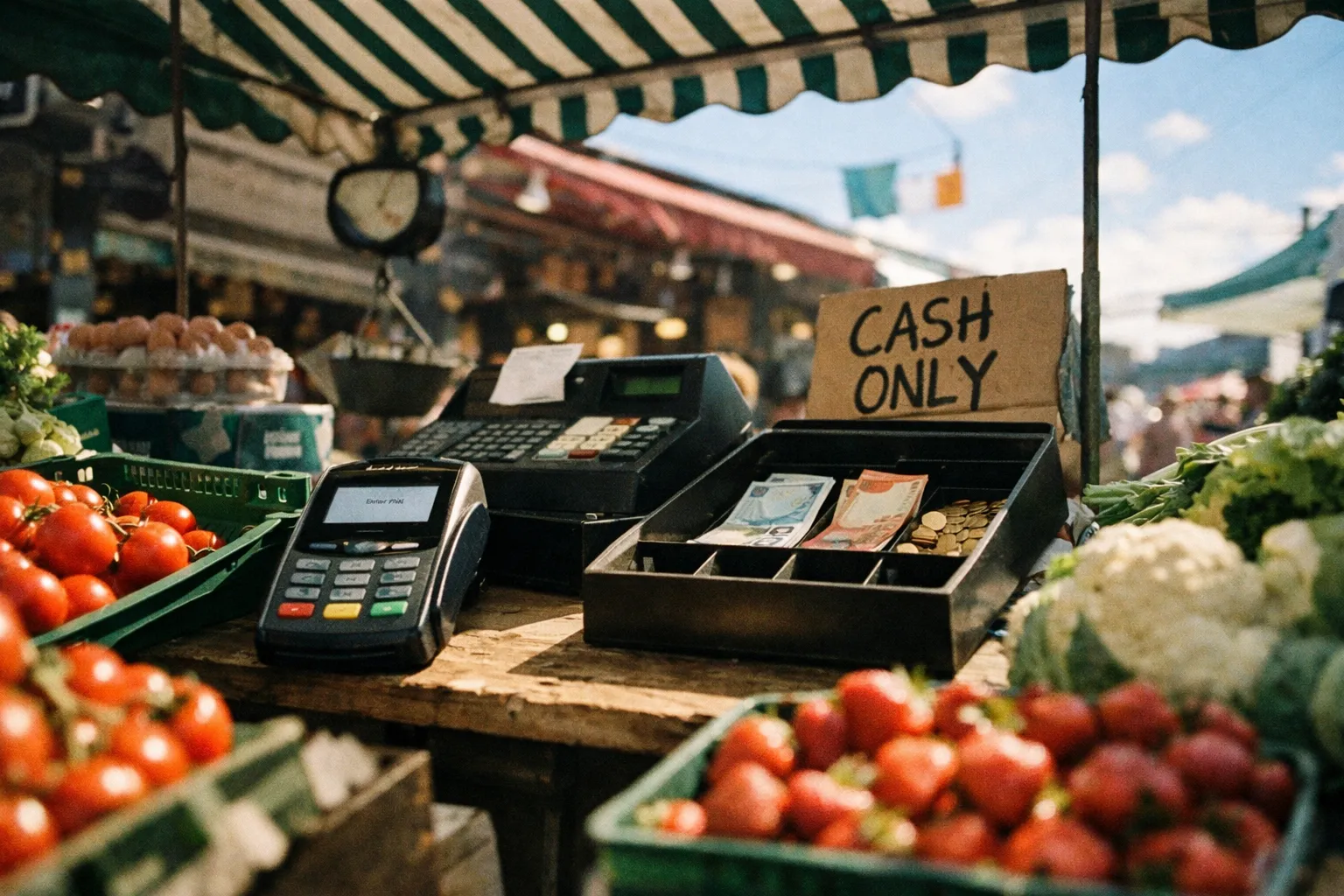 A cash register and cash box with euros at an outdoor produce market stall in Ireland.