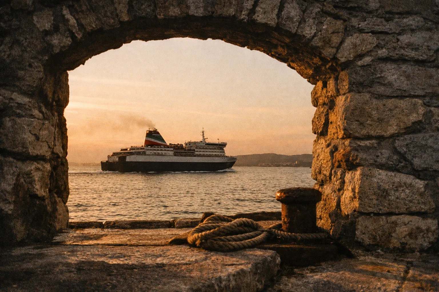 A ferry sails across the water at sunset, seen through a stone archway on a pier.