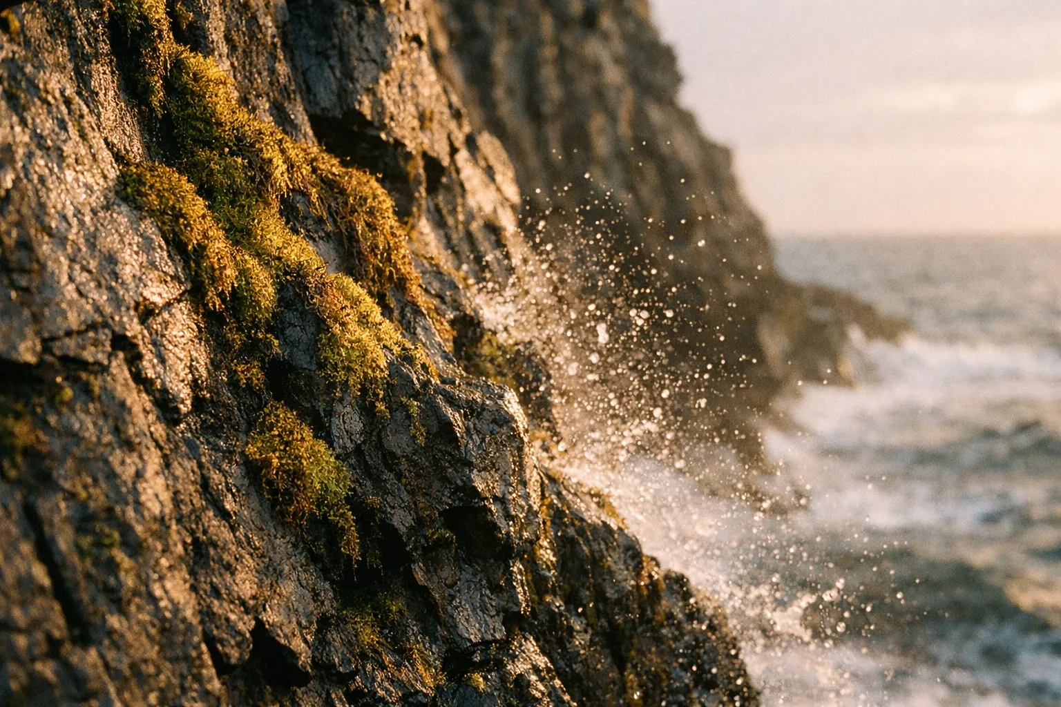 Waves crash against mossy coastal cliffs with the sea in the background.