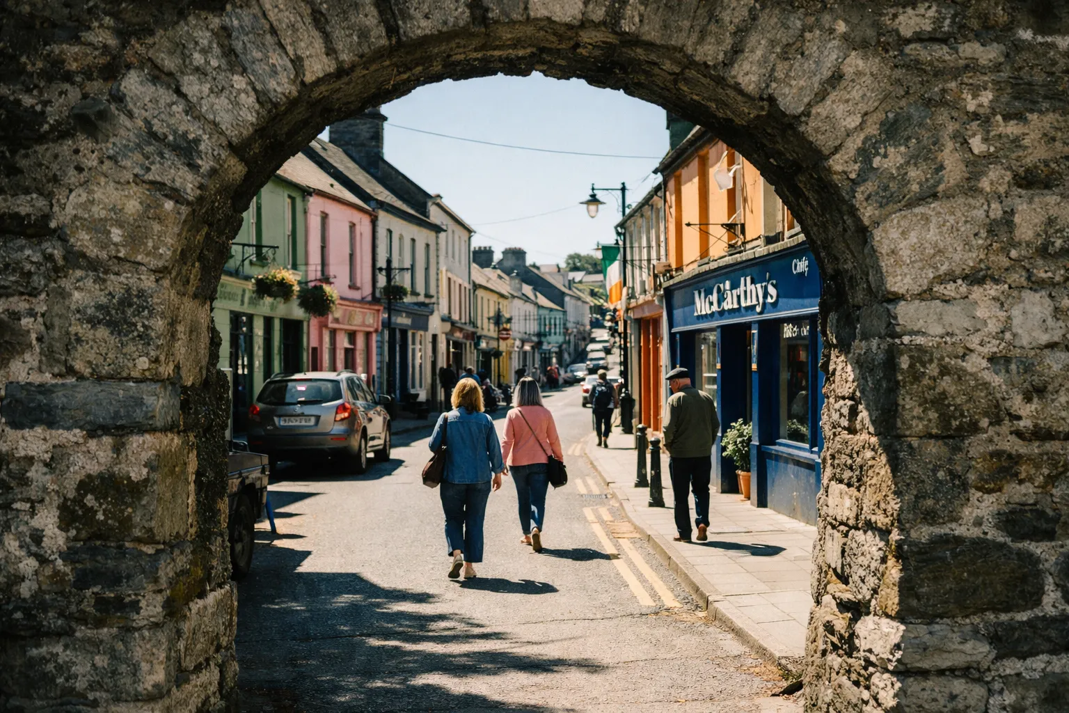 People walk under a stone arch into a colorful Irish village street lined with shops and parked cars.