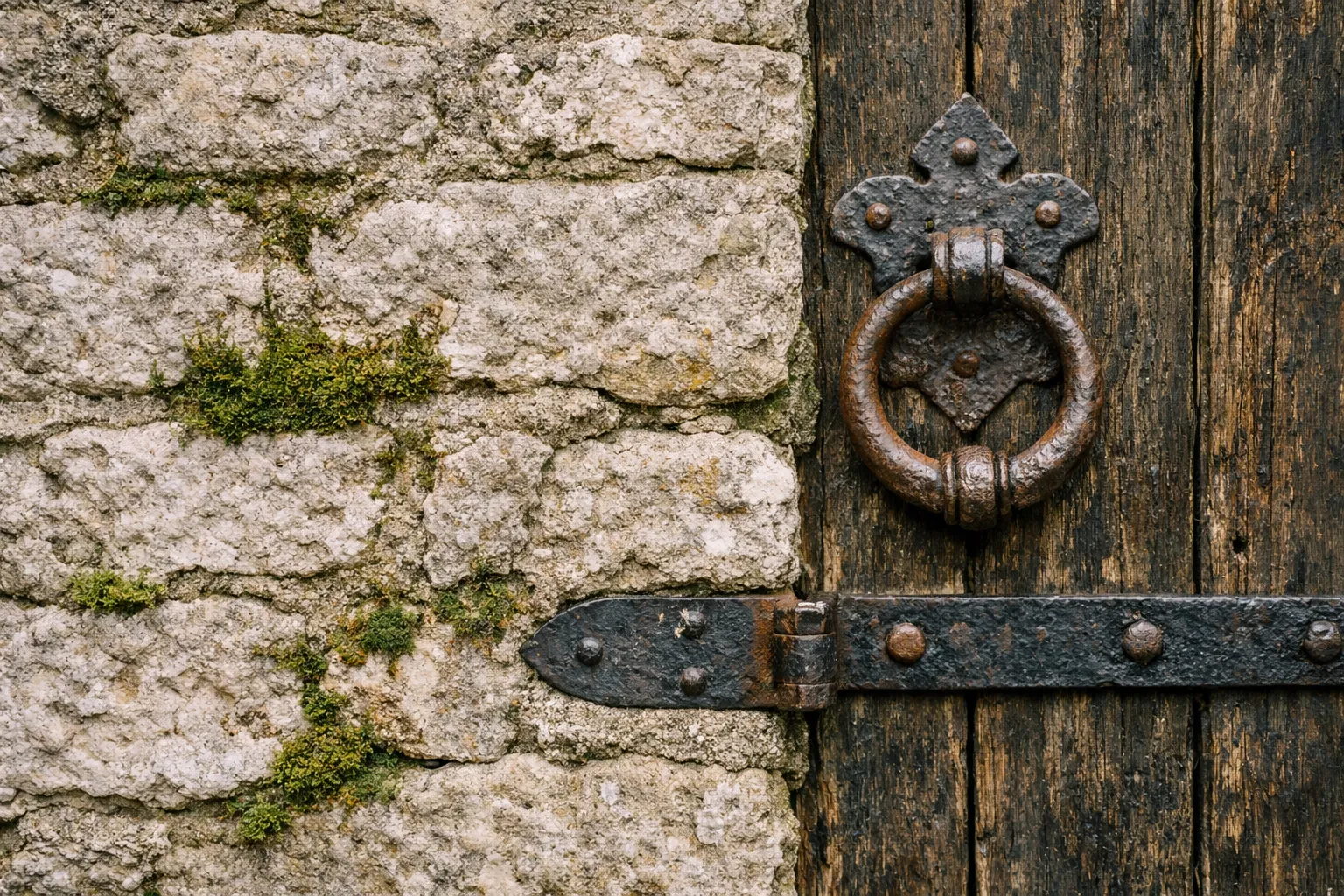 A weathered stone wall with moss beside an old wooden door and iron ring handle.