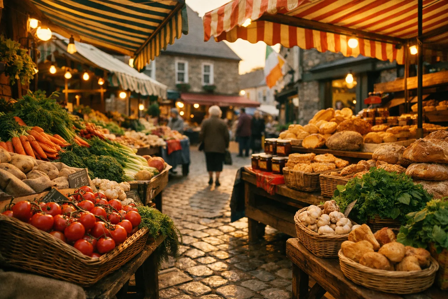 Outdoor market in Ireland with fresh vegetables, bread, and people walking on a cobblestone street.