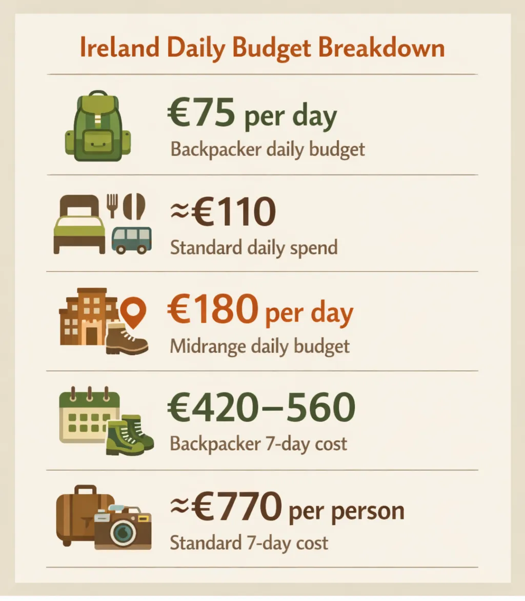 Infographic showing three budget tiers and costs: backpacker €75/day, standard €110/day, midrange €180/day, plus 7-day costs