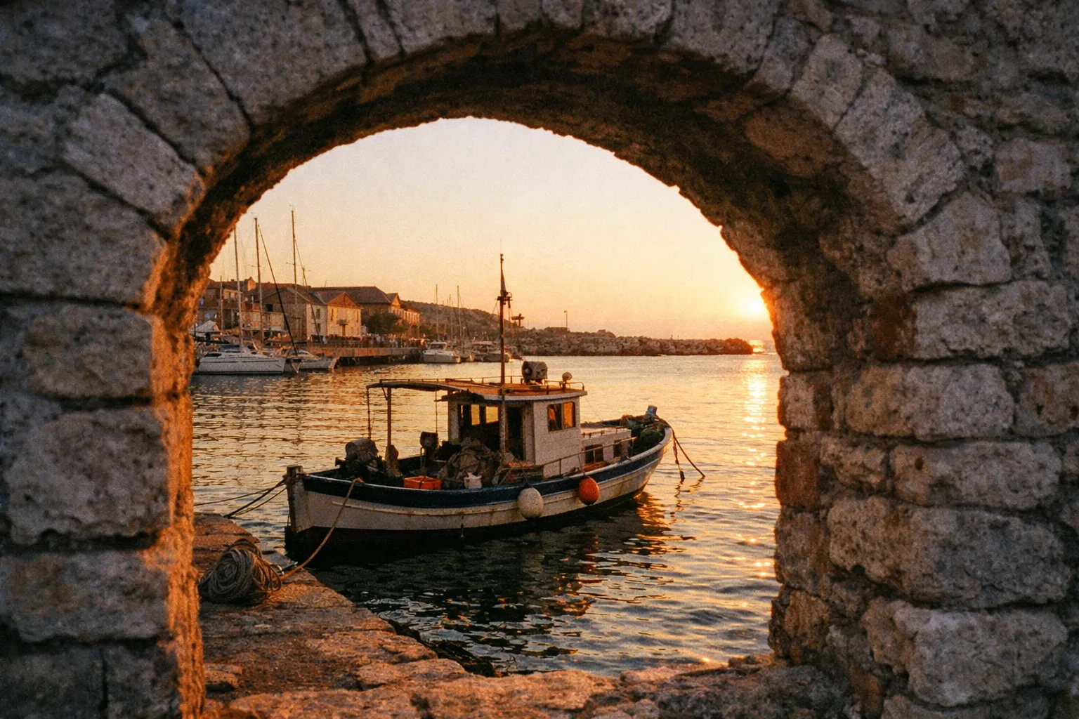 A fishing boat floats near a stone archway in a harbor at sunset.