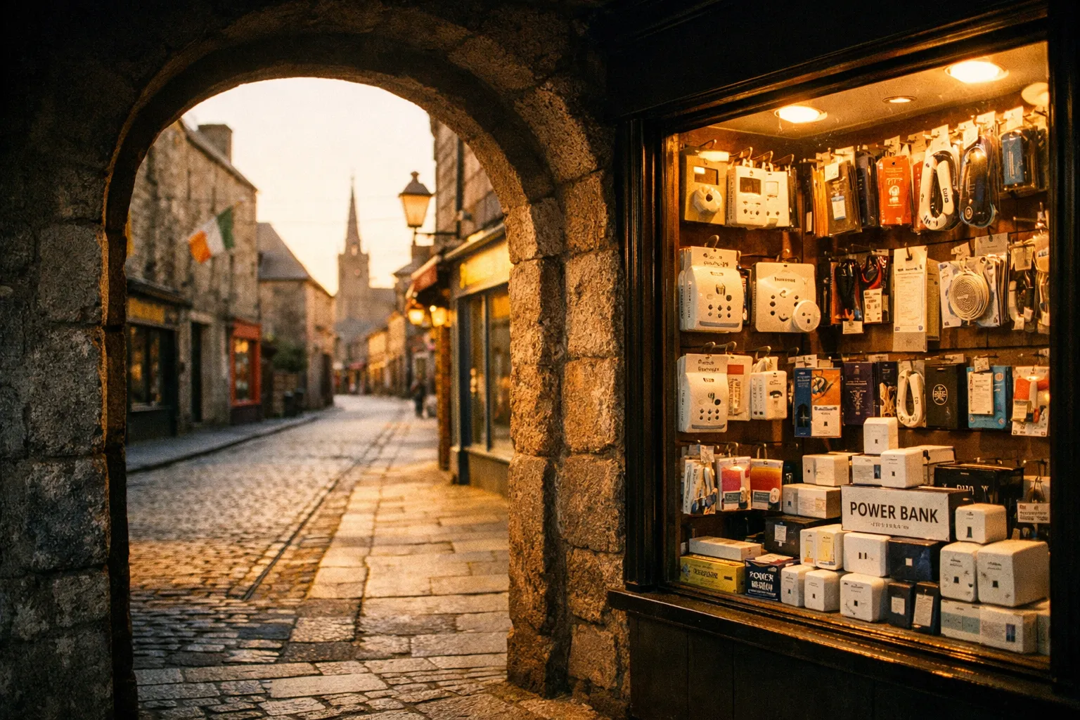 A shop window displays travel adapters and power banks on a cobblestone street in an Irish town at dusk.