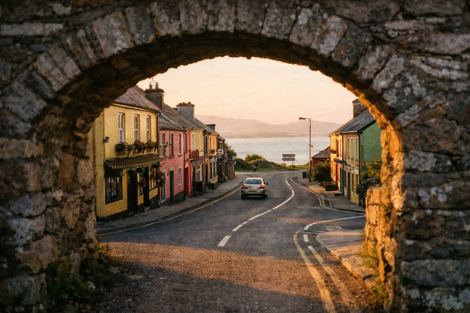A car drives through a small Irish town with colorful buildings and a view of water and hills beyond.