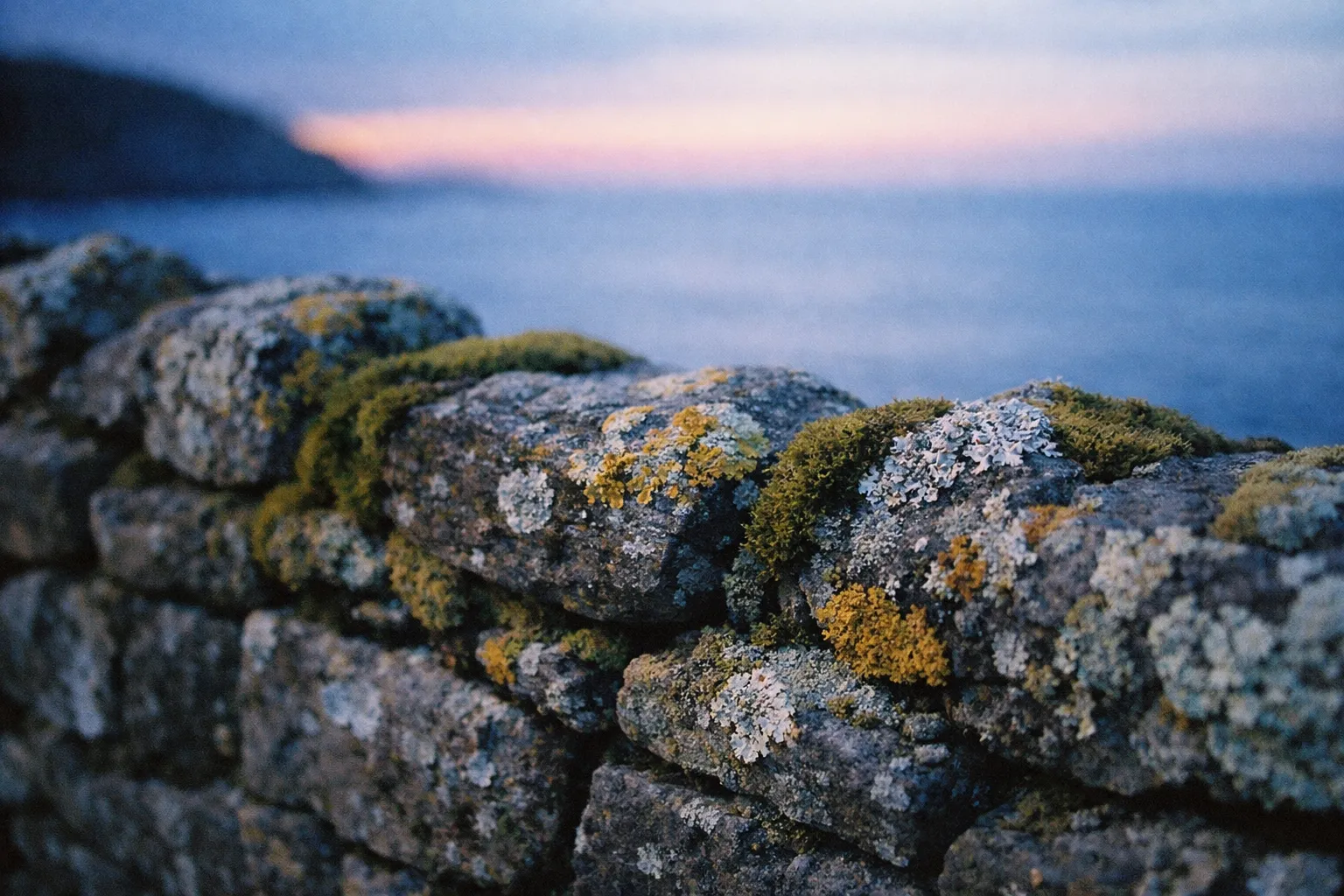 A mossy stone wall overlooking the sea at dusk.
