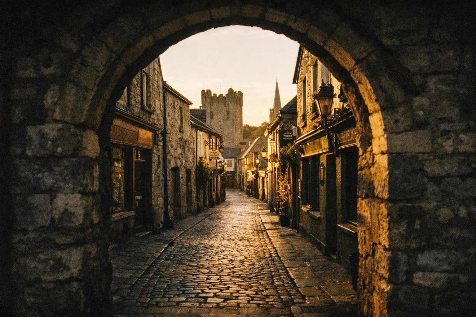 A cobblestone street lined with stone buildings leads to a medieval castle tower in an Irish town at sunset.